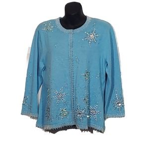 Berek by Takako Sakon XL Button Down Light Blue Sequins Beaded Cardigan Sweater